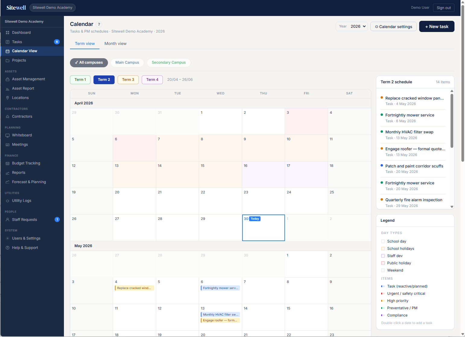 Calendar — term and month views with campus colour coding
